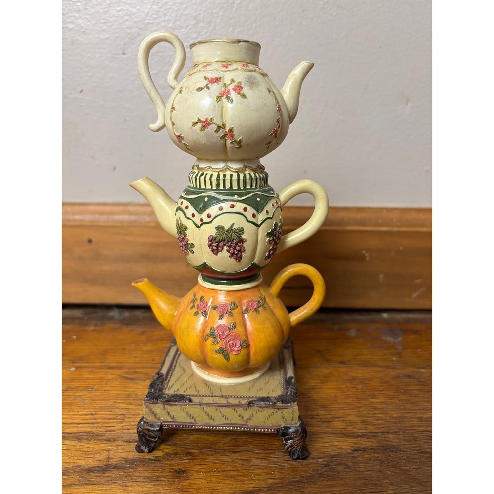 Stacked Teapot Figurine Floral Grapes Roses Kitchen Decor